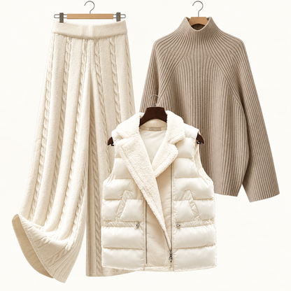 Women's Three-Piece Knit and Padded Vest Outfit Set - primary product view | Hensley London
