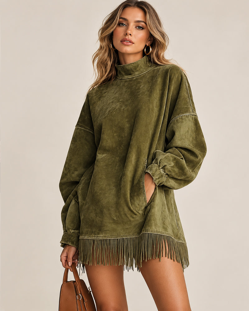 Women's Washed-Look Mini Dress – High Neck and Fringe Hem in Green – front view | Hensley London