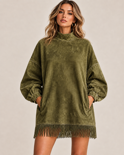 Women's Washed-Look Mini Dress – High Neck and Fringe Hem in Green – front view | Hensley London