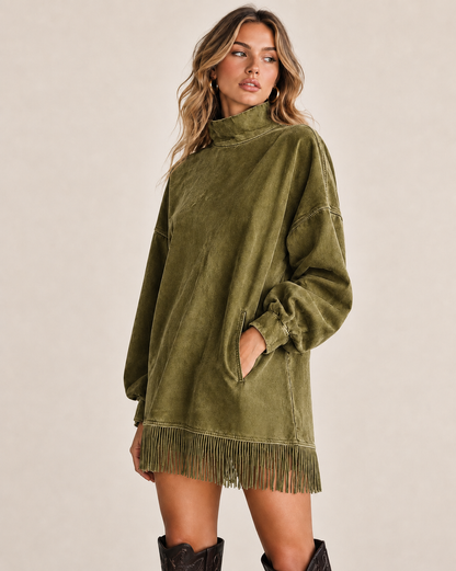 Women's Washed-Look Mini Dress – High Neck and Fringe Hem in Green – angled view | Hensley London