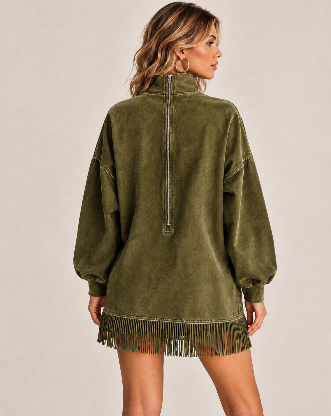 Women's Washed-Look Mini Dress – High Neck and Fringe Hem in Green – back view | Hensley London