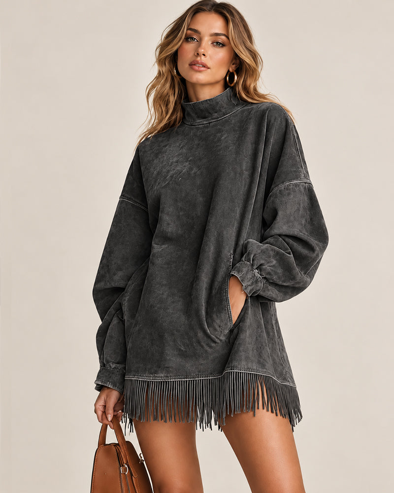 Women's Washed-Look Mini Dress – High Neck and Fringe Hem in Dark Grey – front view | Hensley London