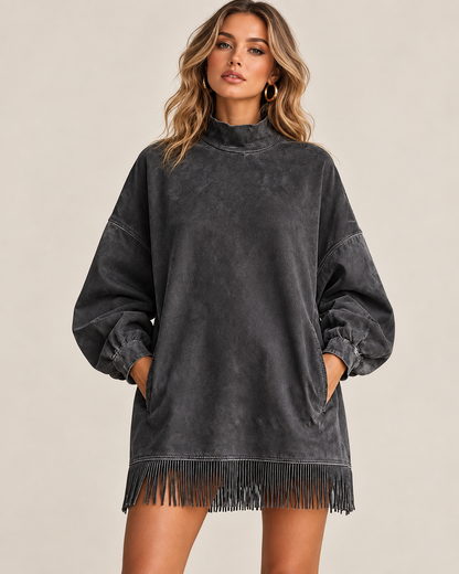 Women's Washed-Look Mini Dress – High Neck and Fringe Hem in Dark Grey – front view | Hensley London