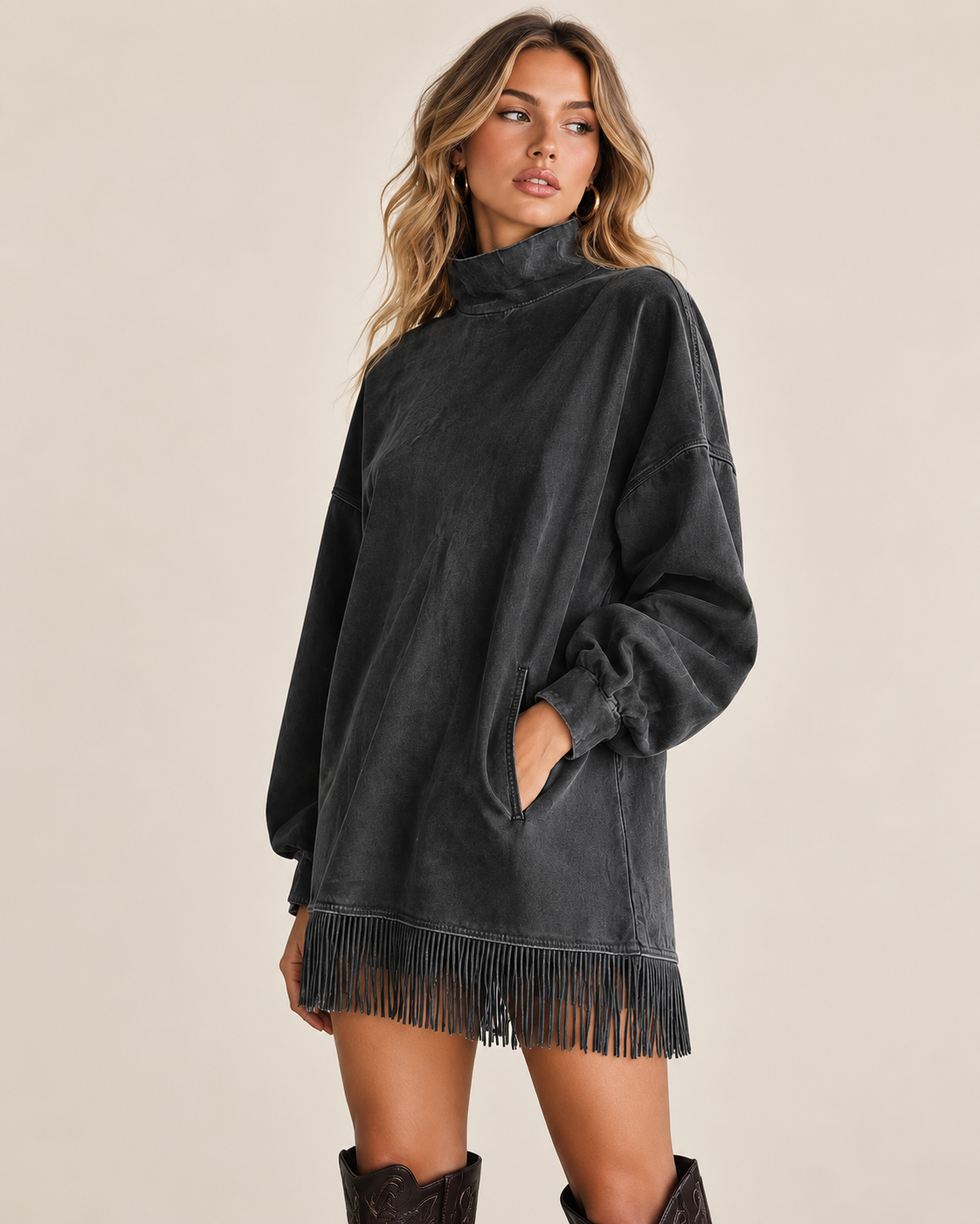 Women's Washed-Look Mini Dress – High Neck and Fringe Hem in Dark Grey – angled view | Hensley London