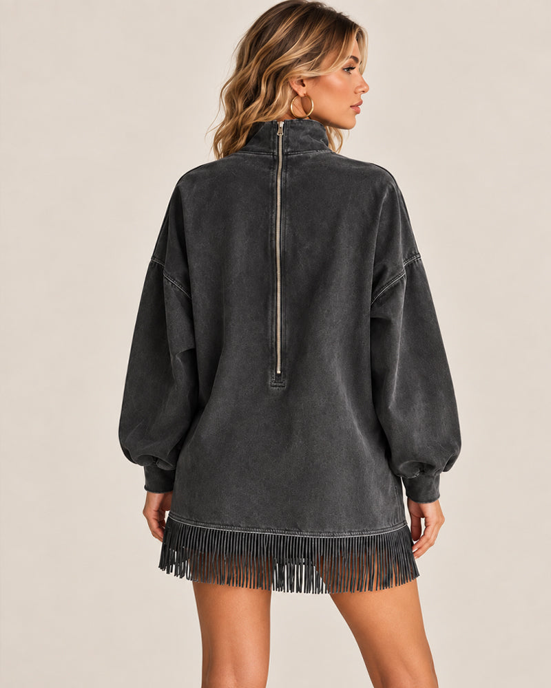 Women's Washed-Look Mini Dress – High Neck and Fringe Hem in Dark Grey – back view | Hensley London