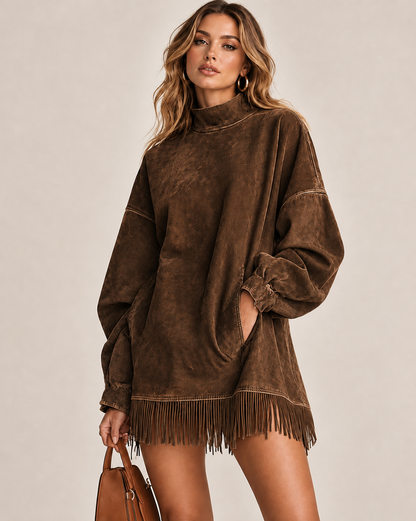 Women's Washed-Look Mini Dress – High Neck and Fringe Hem in Coffee – front view | Hensley London