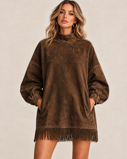 Women's Washed-Look Mini Dress – High Neck and Fringe Hem in Coffee – front view | Hensley London