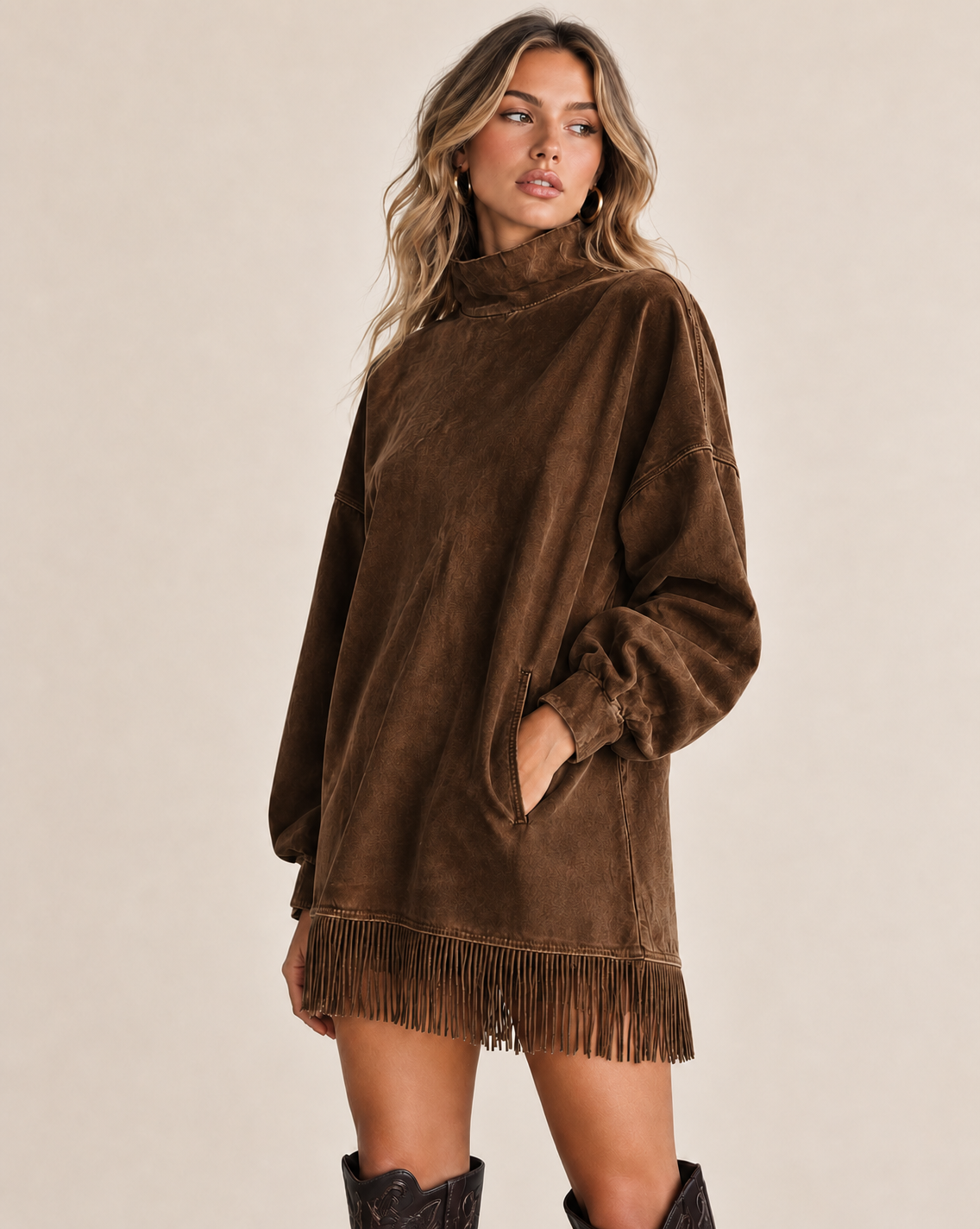 Women's Washed-Look Mini Dress – High Neck and Fringe Hem in Coffee – angled view | Hensley London