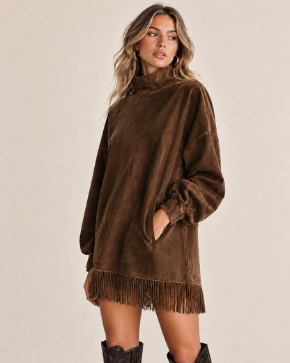 Women's Washed-Look Mini Dress – High Neck and Fringe Hem in Coffee – angled view | Hensley London