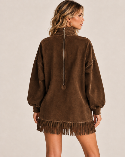 Women's Washed-Look Mini Dress – High Neck and Fringe Hem in Coffee – back view | Hensley London