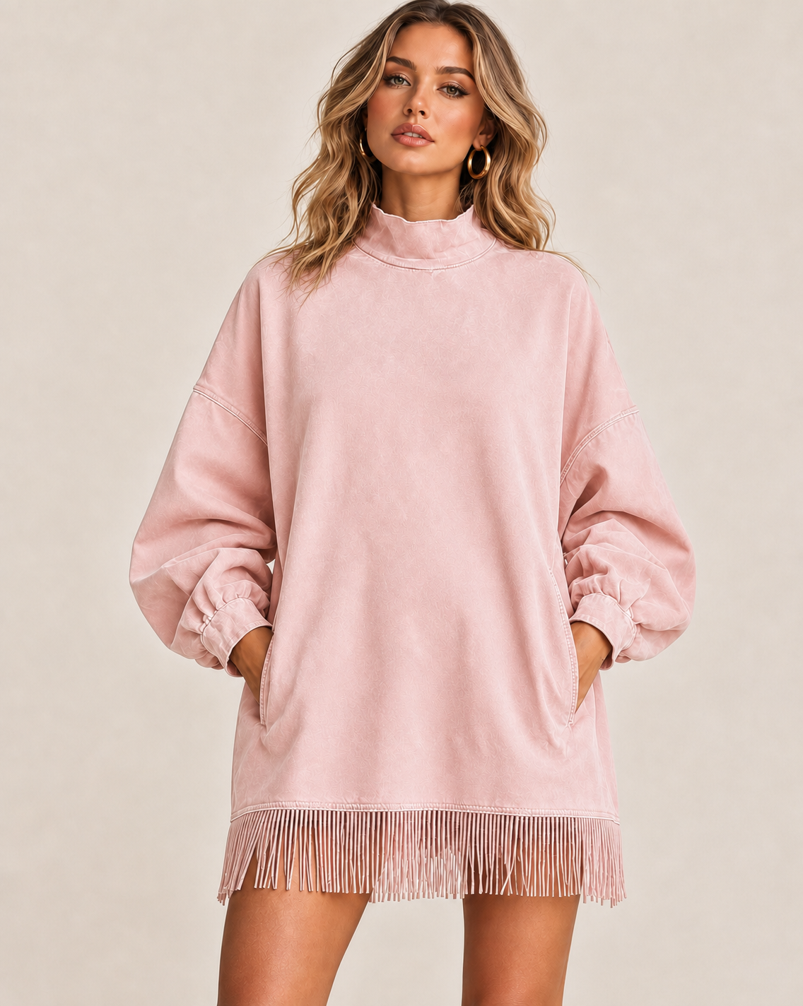 Women's Washed-Look Mini Dress – High Neck and Fringe Hem in Pink – front view | Hensley London