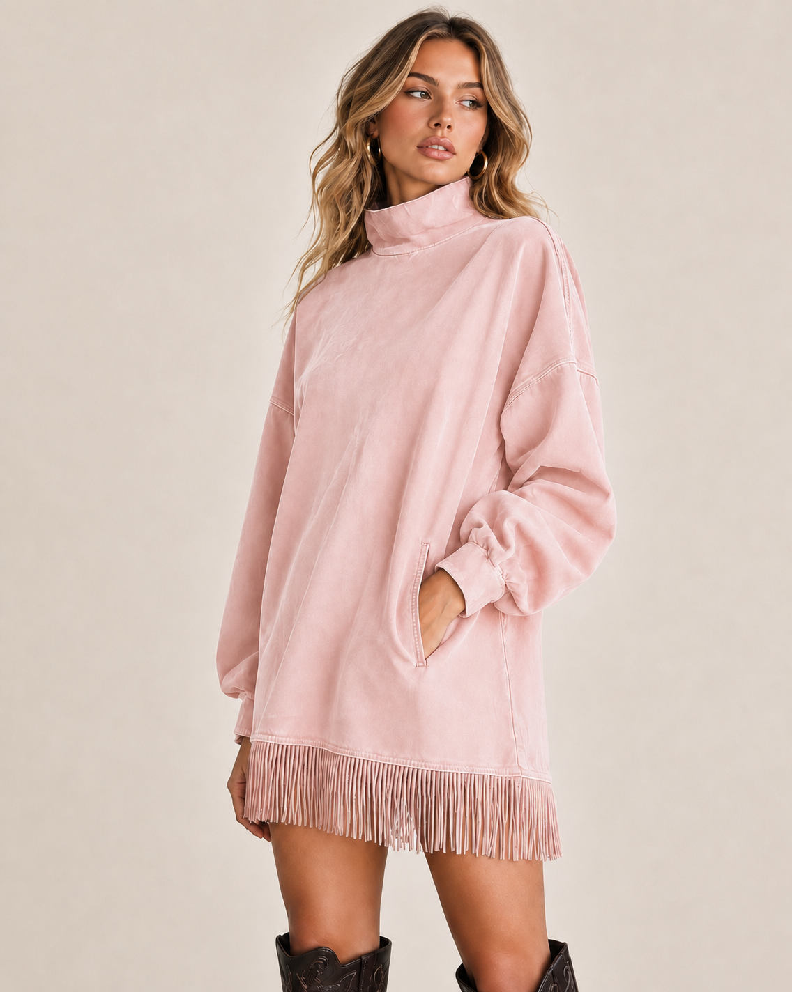 Women's Washed-Look Mini Dress – High Neck and Fringe Hem in Pink – angled view | Hensley London