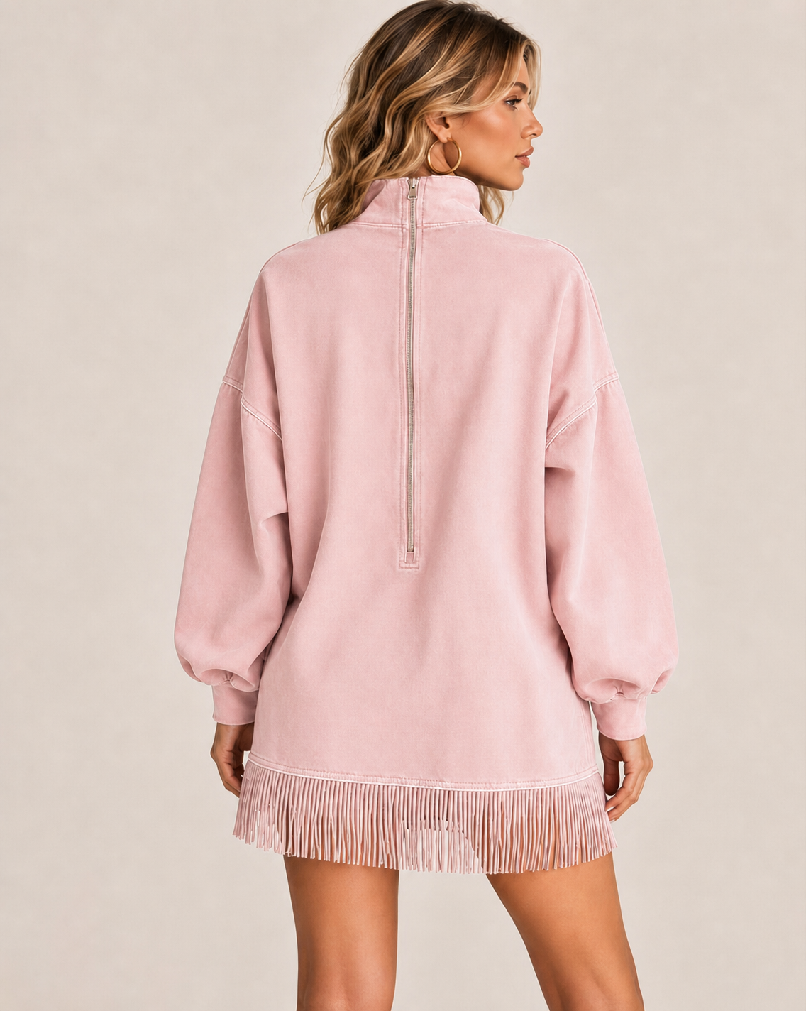 Women's Washed-Look Mini Dress – High Neck and Fringe Hem in Pink – back view | Hensley London