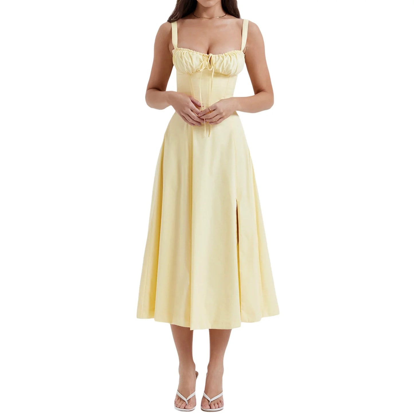 Women's Midi Dress Yellow Polyester Corset A-Line 4