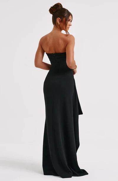 Women's Evening Gown Black Size M Polyester Strapless Thigh-High Slit-3
