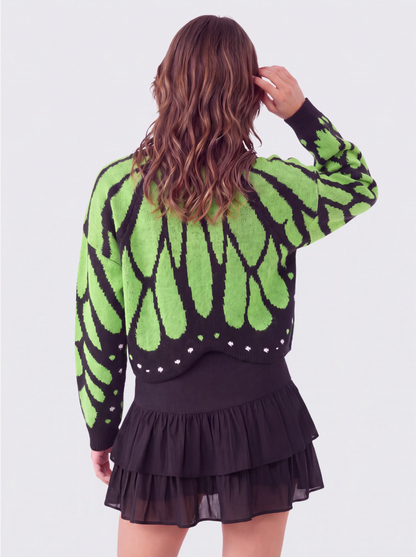 Women's Butterfly Knit Cardigan in Green – back view on model | Hensley London
