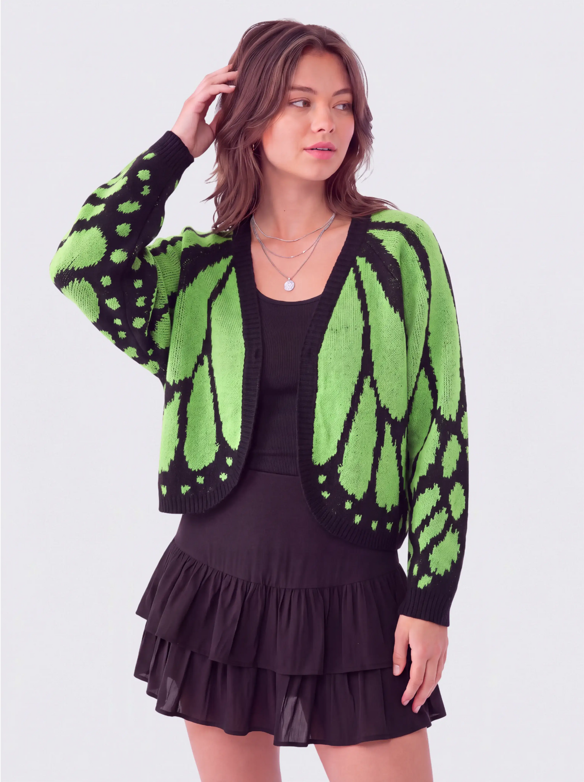 Women's Butterfly Knit Cardigan in Green – front view on model | Hensley London