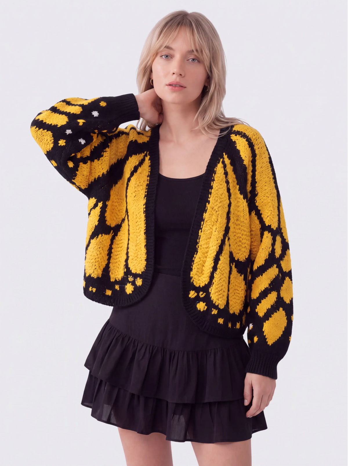 Women's Butterfly Knit Cardigan in Yellow – front view on model | Hensley London