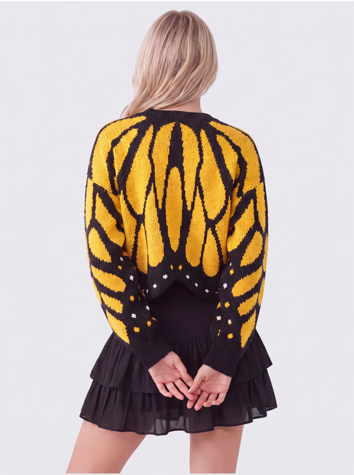 Women's Butterfly Knit Cardigan in Yellow – back view on model | Hensley London